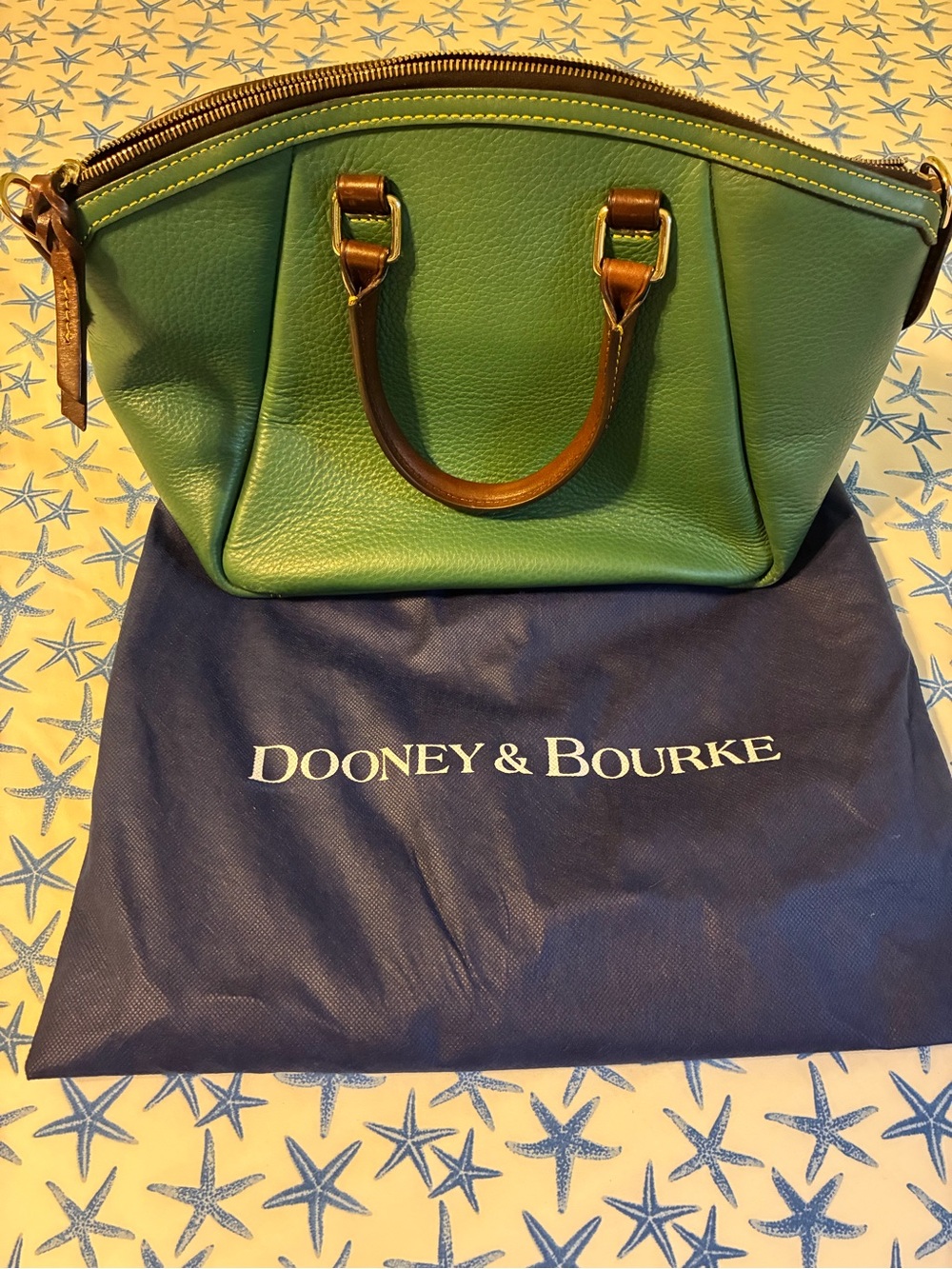Dooney & Bourke Green Leather Satchel with Brown Handles and Gold Hardware